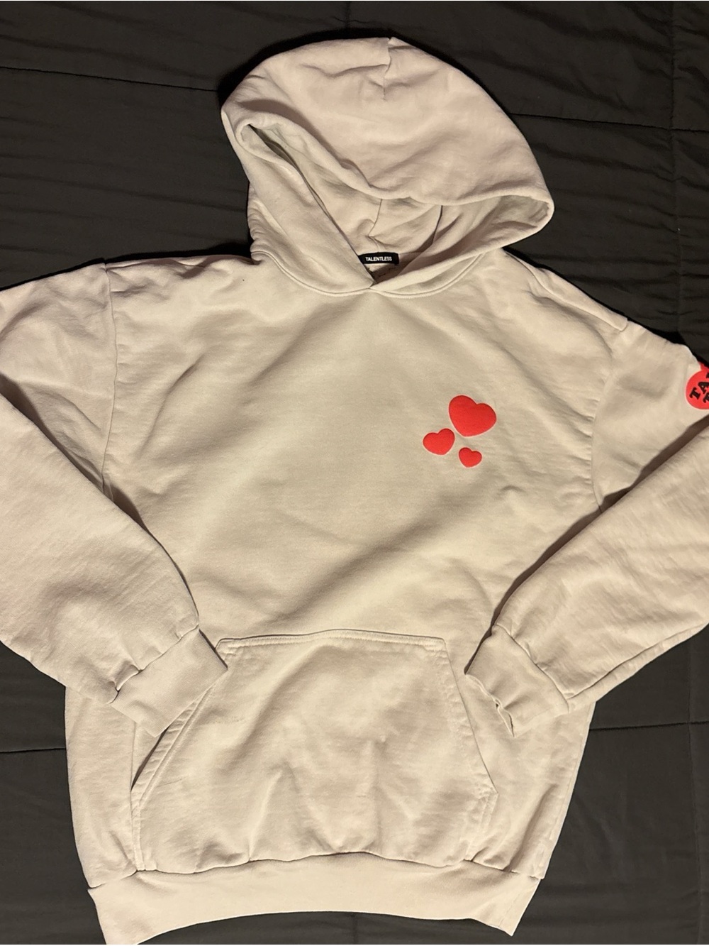 TALENTLESS Cream Hoodie with Red Heart Graphics